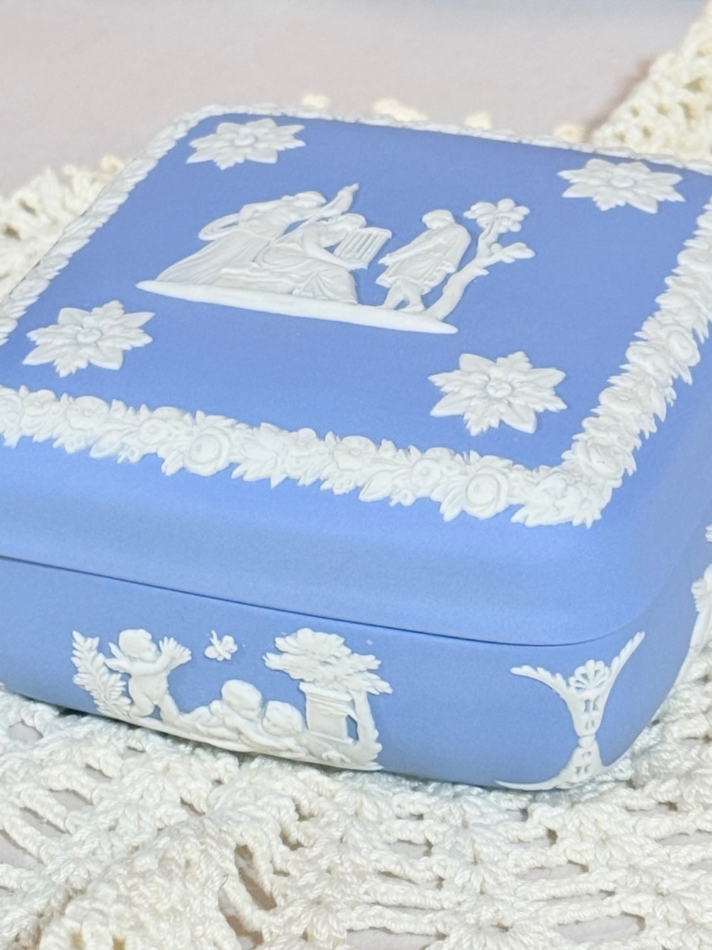 Wedgwood Blue Jasperware Square Trinket Box Classical Mythology